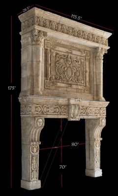 Old Antique Reclaimed Large Stone Fireplace Mantel with Trumeau Overmantle