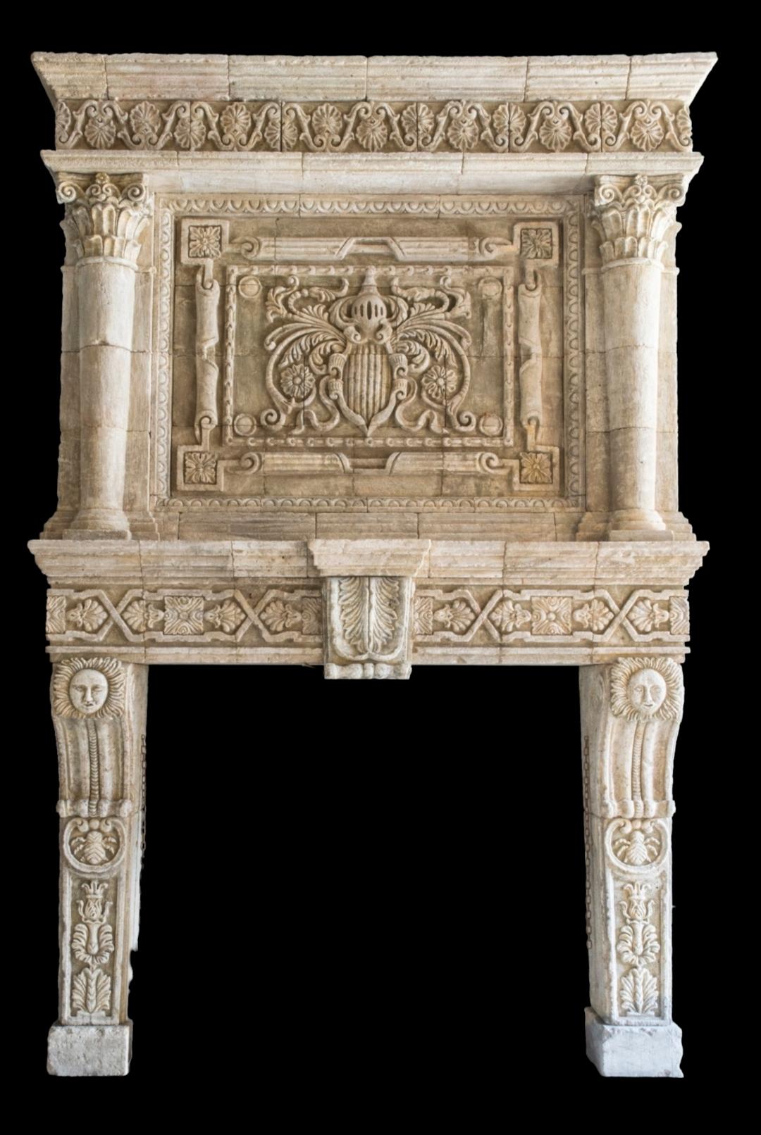 Medieval Old Antique Reclaimed Large Stone Fireplace Mantel with Trumeau Overmantle For Sale