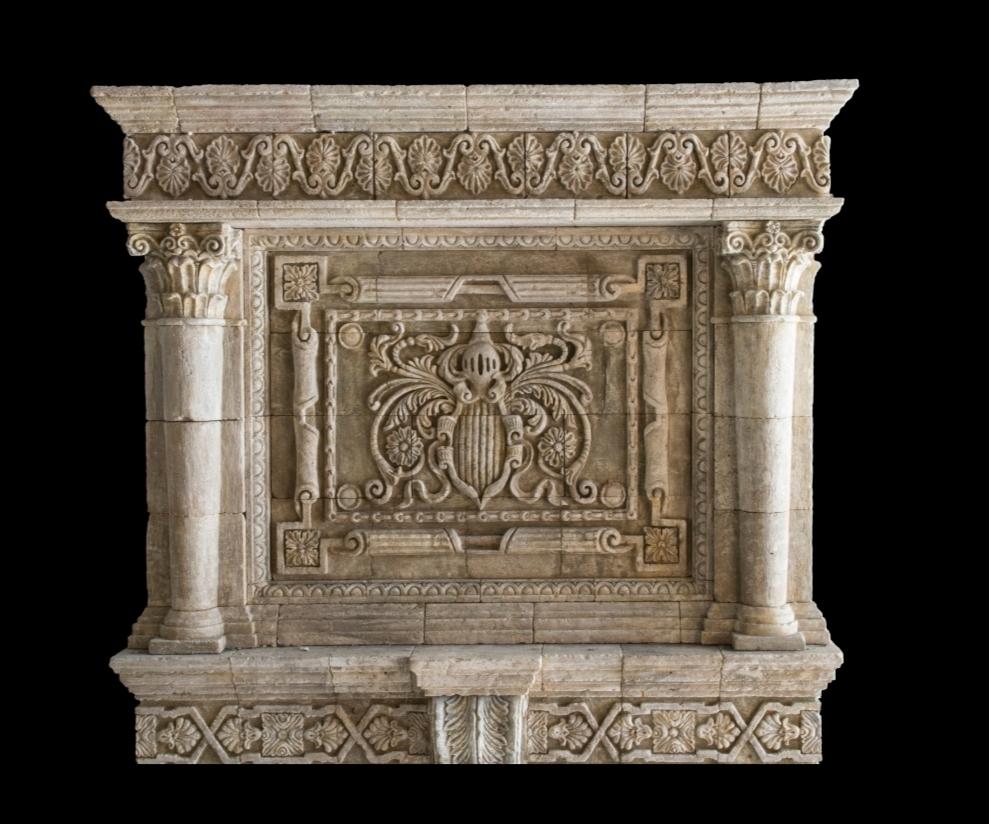 Hand-Carved Old Antique Reclaimed Large Stone Fireplace Mantel with Trumeau Overmantle For Sale
