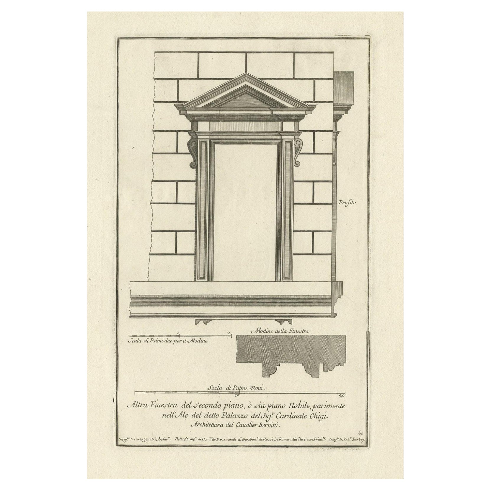 Alte architektonische Gravur eines Fensters des Palazzo Chigi in Rom, um 1710 im Angebot