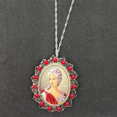 Old Aristocratic Hand-Painted Portrait Pendant Necklace with Red Bead Accents