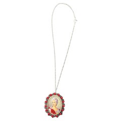 Vintage Old Aristocratic Hand-Painted Portrait Pendant Necklace with Red Bead Accents