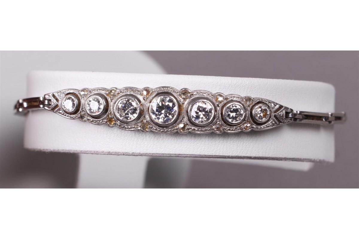 Bracelet ancien pour femme de style Arte Deco en or blanc 14 carats

Origine : Pays-Bas, années 1930

Serti de diamants en anciennes tailles brillantes d'un poids total d'environ 0,62ct - actuellement en cours d'examen dans un laboratoire de