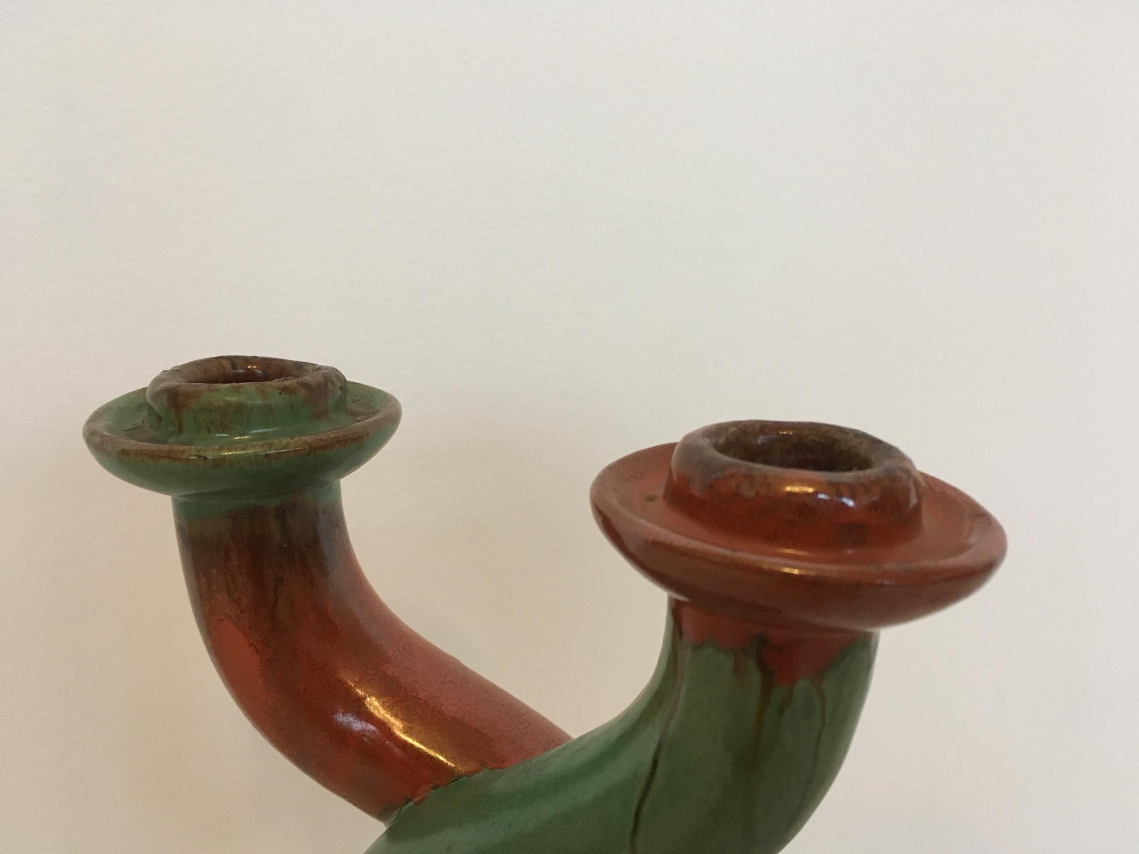 Czech Old Art Deco Ceramic, Terracotta Candlestick / Candleholder, 1930s For Sale