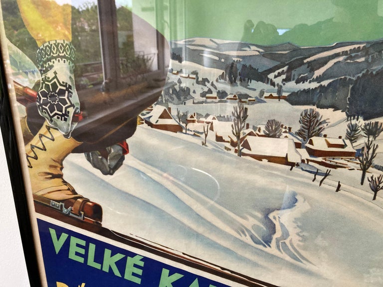 Old Original Art Deco Skier / Ski Resort Advertising Poster, 1930s In Good Condition For Sale In Praha, CZ