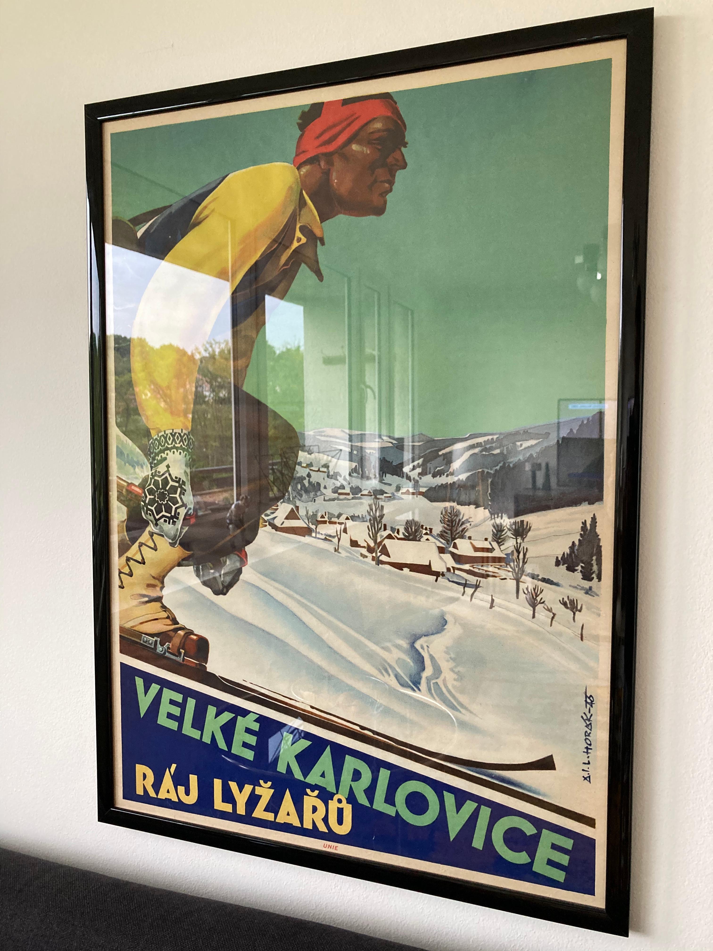 Affiche publicitaire originale Art Déco pour les skieurs et les stations de ski:: années 30 Bon état - En vente à Praha, CZ