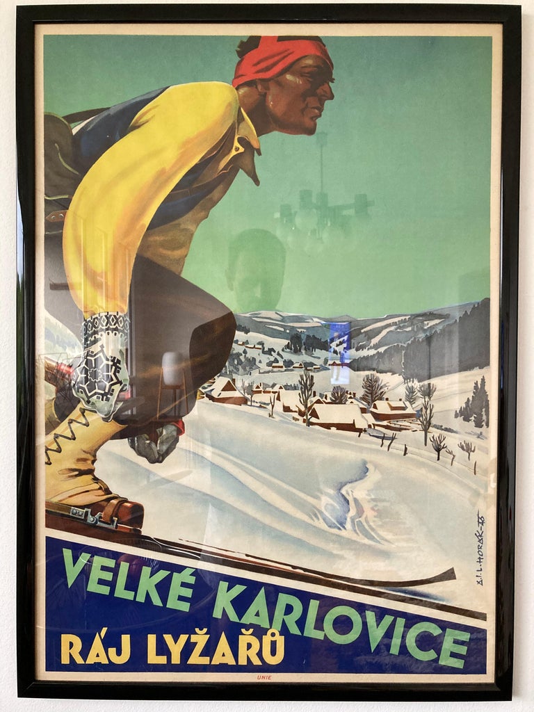 Glass Old Original Art Deco Skier / Ski Resort Advertising Poster, 1930s For Sale