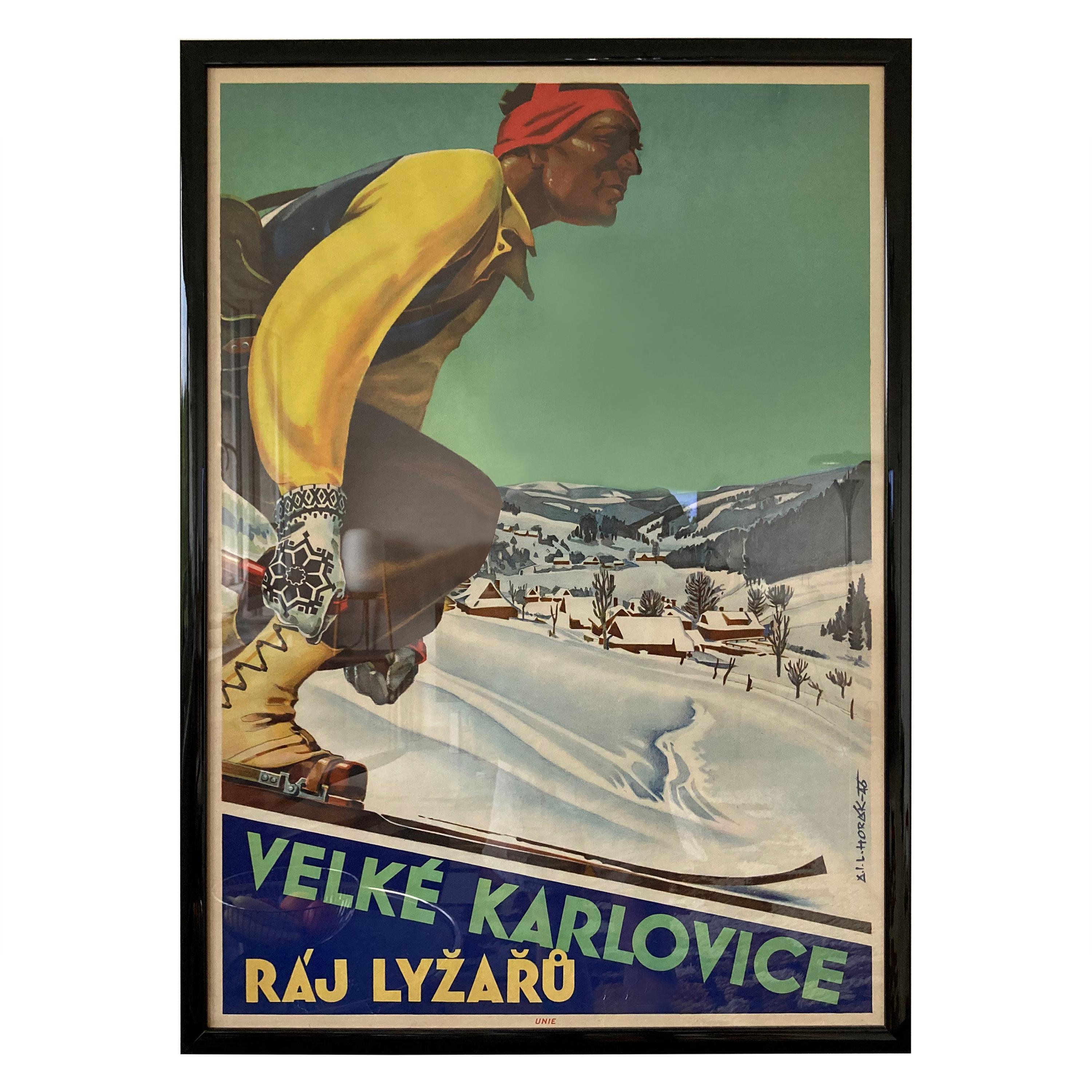 Old Original Art Deco Skier / Ski Resort Advertising Poster, 1930s
