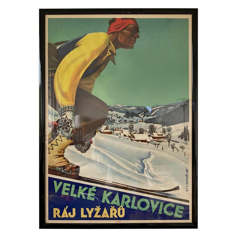 Old Original Art Deco Skier / Ski Resort Advertising Poster, 1930s For Sale