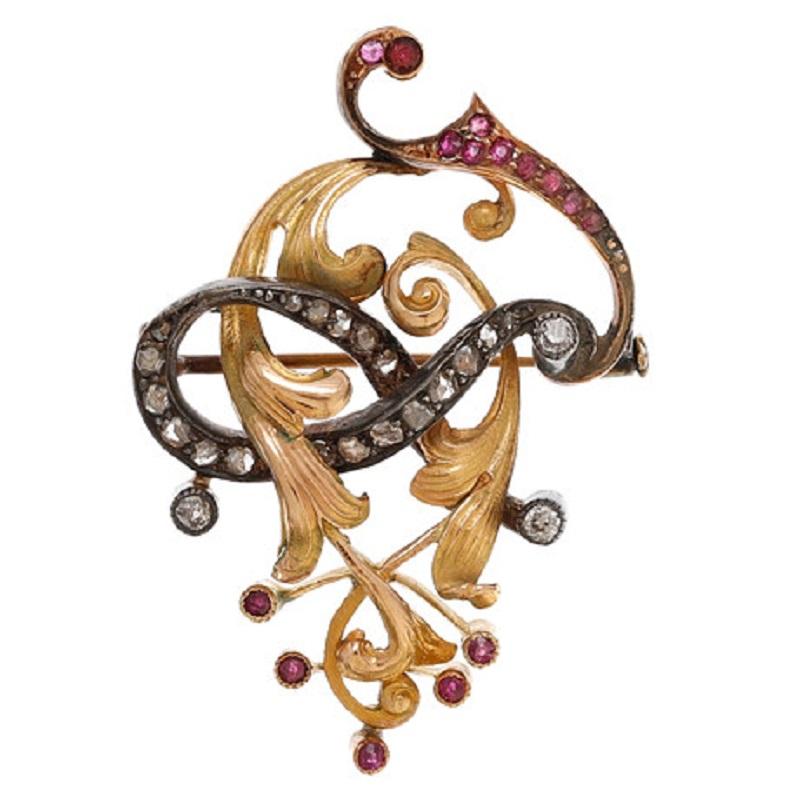  Broche en or Art nouveau ancien avec diamants et rubis, Espagne, années 1910. Unisexe 