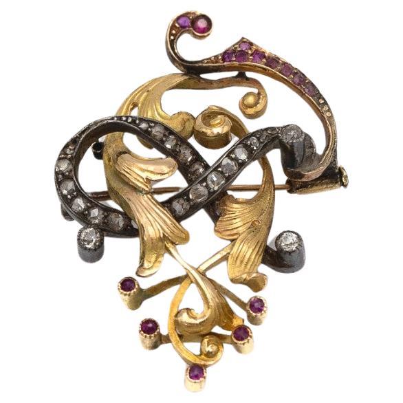 Old Art Nouveau gold brooch with diamonds and rubies, Spain, 1910s.