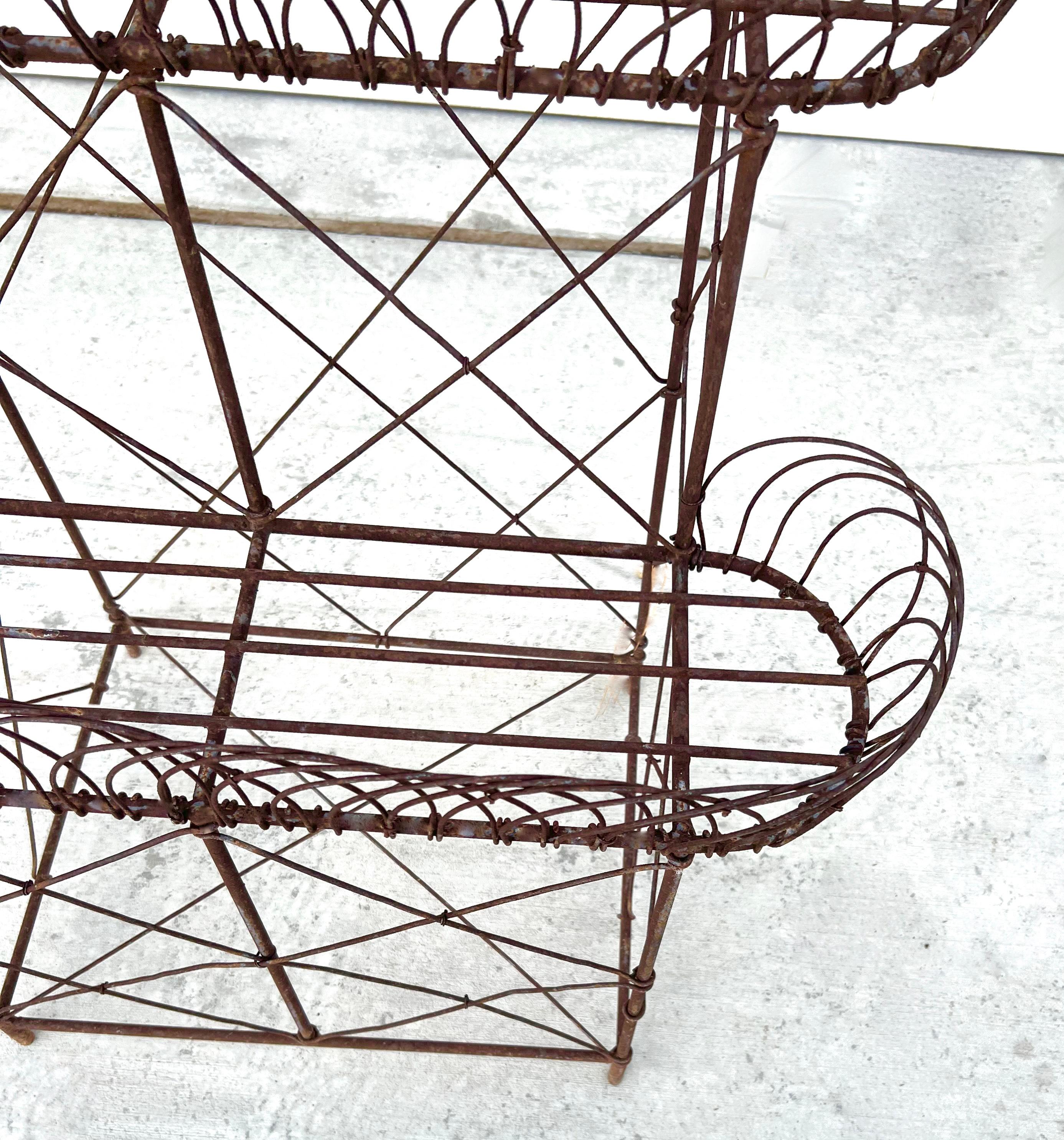 20th Century Old Art Nouveau Style Vintage Three Tier Wrought Iron Metal Planter Plant Stand For Sale