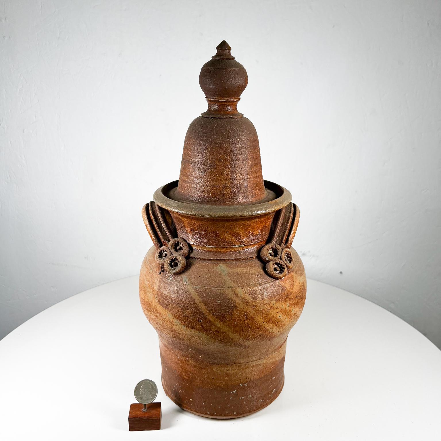 Mid-Century Modern Old Art Pottery Sculptural Lidded Vessel Textured Jar Signed