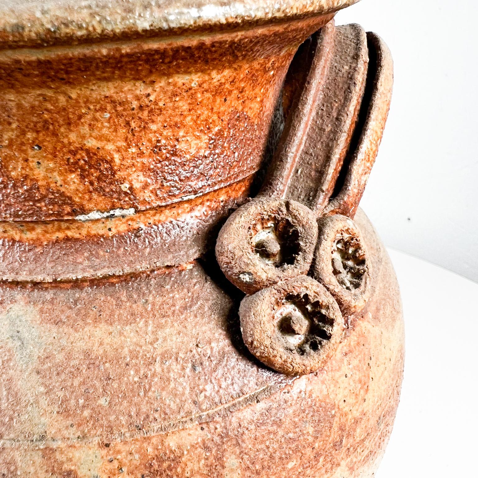 Old Art Pottery Sculptural Lidded Vessel Textured Jar Signed In Fair Condition In Chula Vista, CA