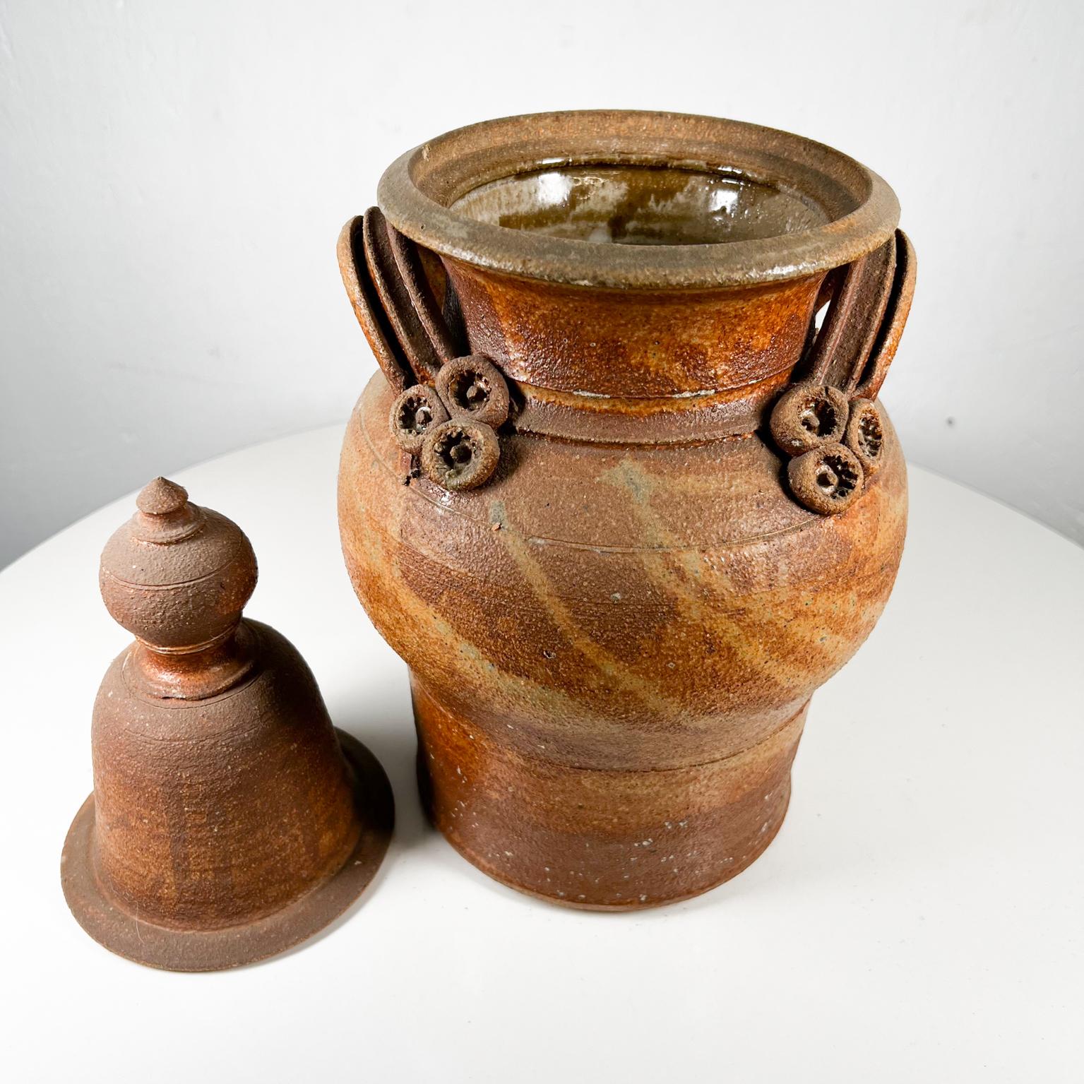 Old Art Pottery Sculptural Lidded Vessel Textured Jar Signed 3