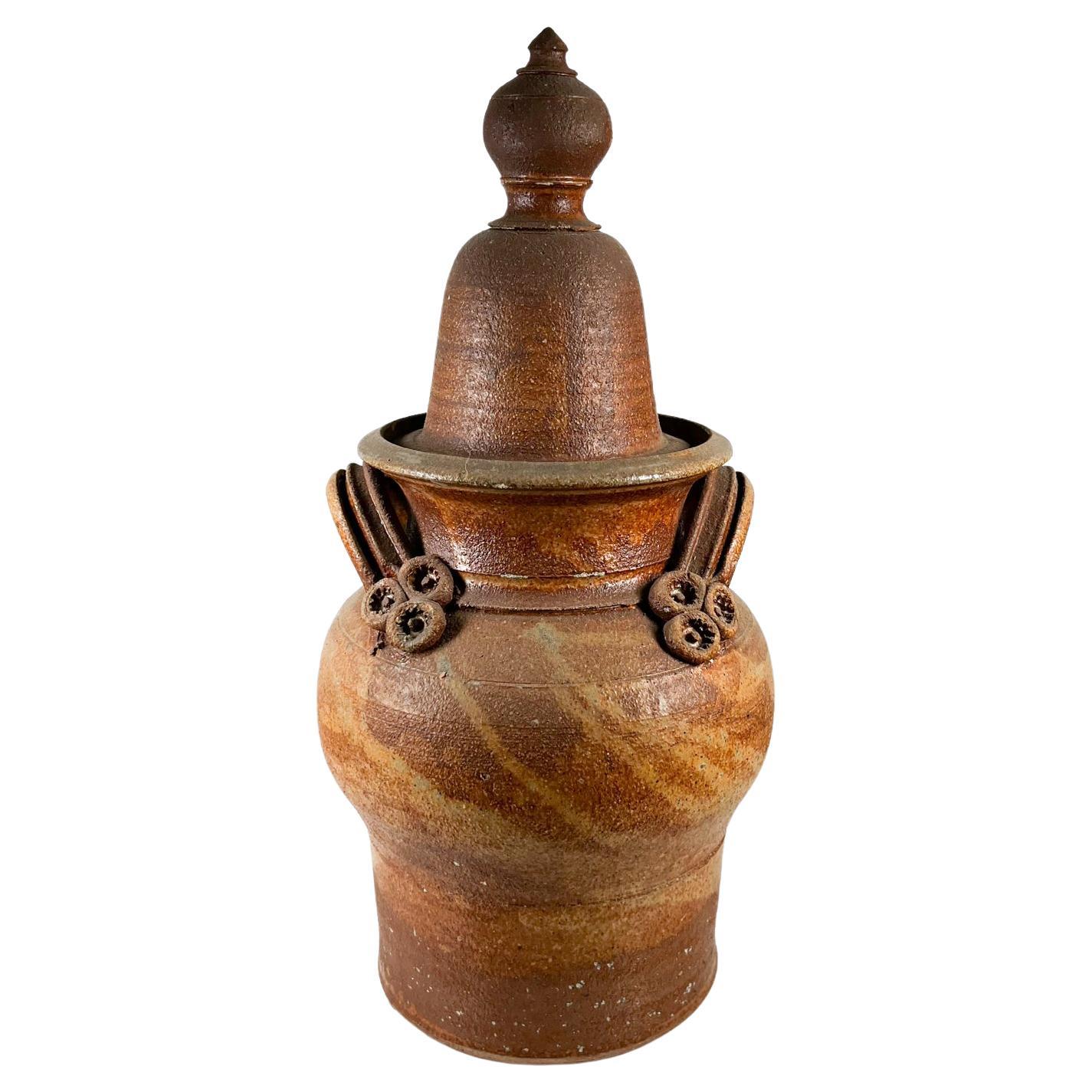 Old Art Pottery Sculptural Lidded Vessel Textured Jar Signed
