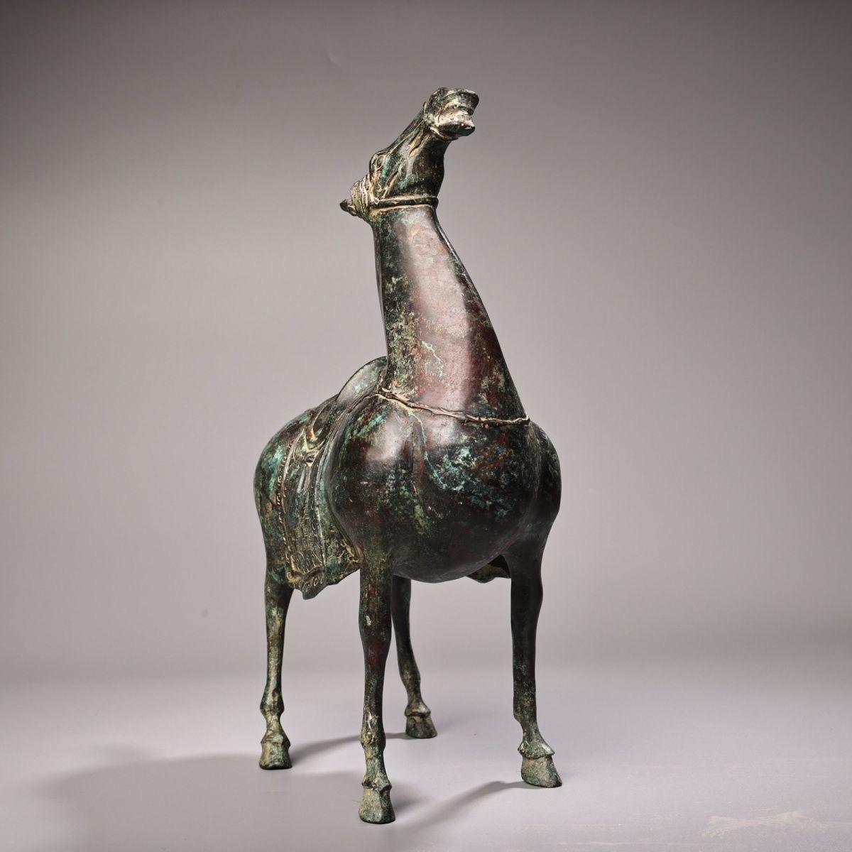 19th Century Old Asian Bronze Horse with Raised Head For Sale