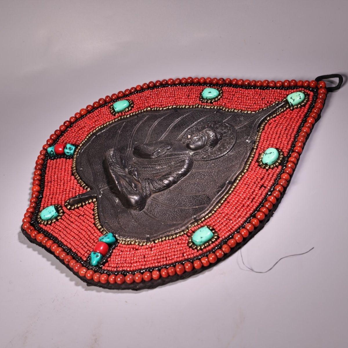 19th Century Old Asian Engraved Iron Shakyamuni Woven Art Glass Palm Leaf Thangka For Sale