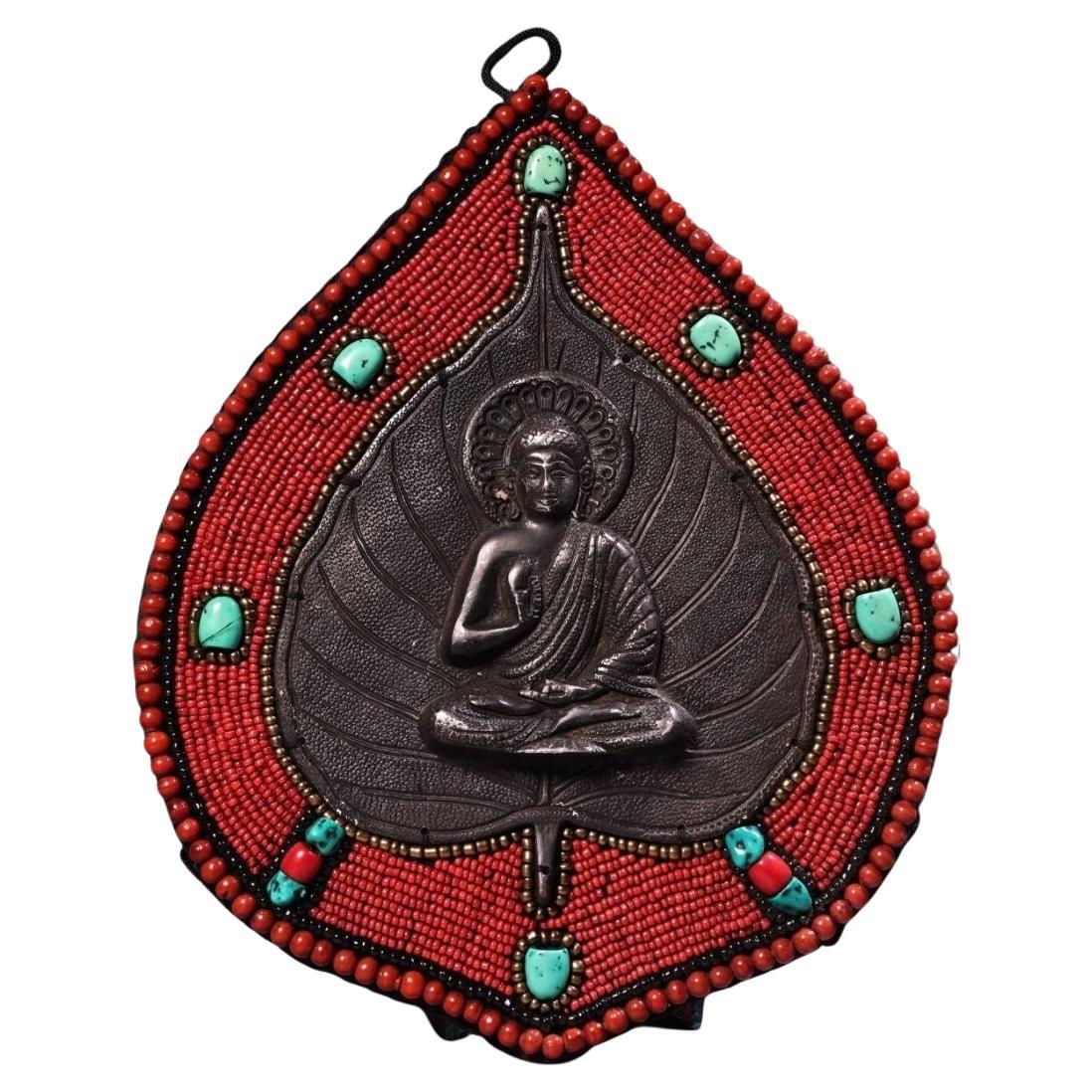 Old Asian Engraved Iron Shakyamuni Woven Art Glass Palm Leaf Thangka For Sale