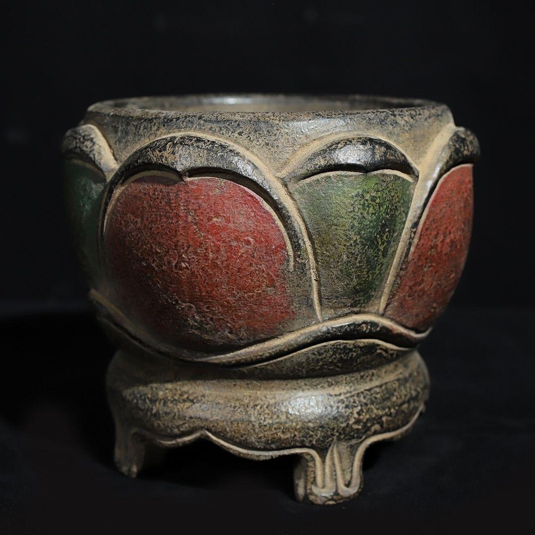 Old Asian Handcrafted Stone Carving Painted Lotus Flowers Pot For Sale 6