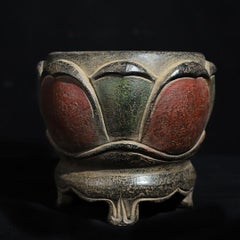 Old Asian Handcrafted Stone Carving Painted Lotus Flowers Pot