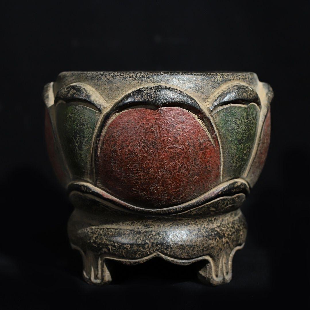 20th Century Old Asian Handcrafted Stone Carving Painted Lotus Flowers Pot For Sale