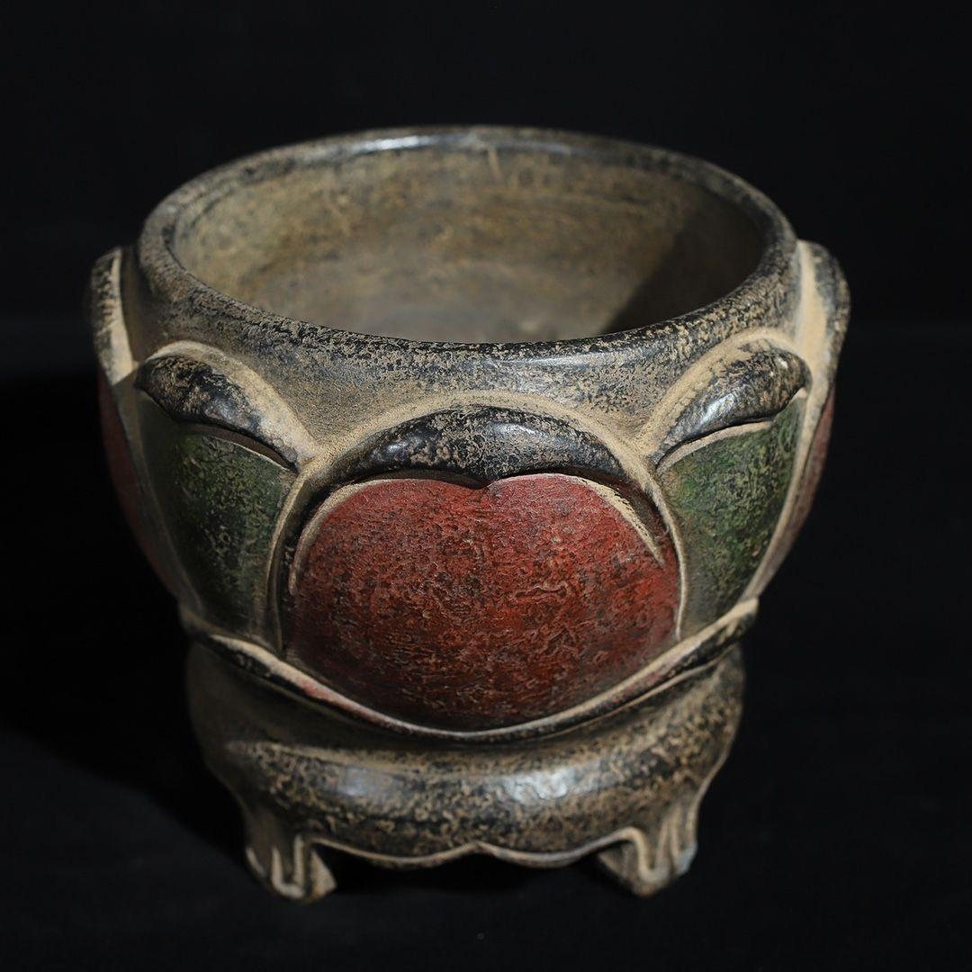 Old Asian Handcrafted Stone Carving Painted Lotus Flowers Pot For Sale 1