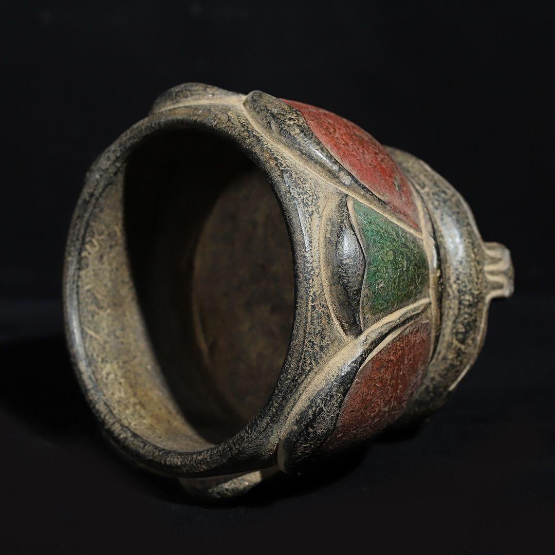 Old Asian Handcrafted Stone Carving Painted Lotus Flowers Pot For Sale 4