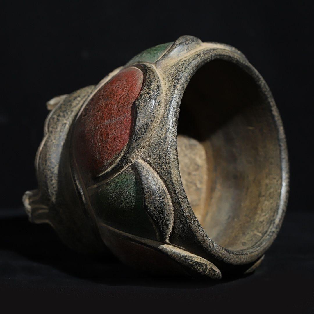 Old Asian Handcrafted Stone Carving Painted Lotus Flowers Pot For Sale 5
