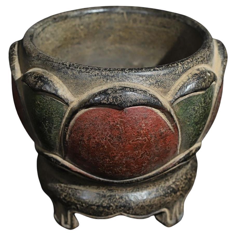 Old Asian Handcrafted Stone Carving Painted Lotus Flowers Pot For Sale
