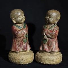Old Asian Handcrafted Stone Carving Painted Two Little Monks Statue Pair
