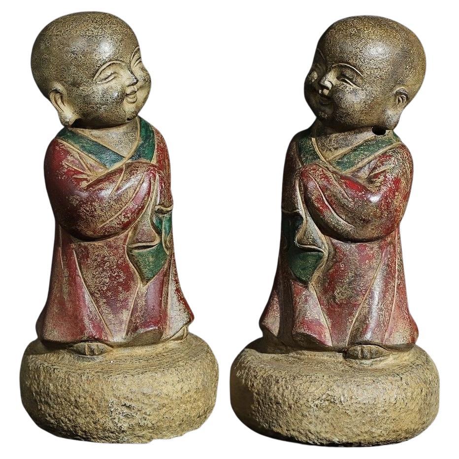 Old Asian Handcrafted Stone Carving Painted Two Little Monks Statue Pair