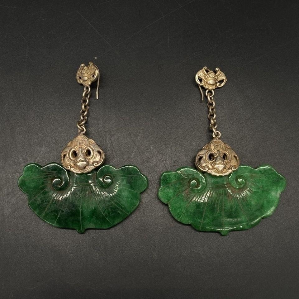 Old Asian Handcrafted Tibetan Miao Silver Earrings Jewelry with Jade Inlay For Sale 1