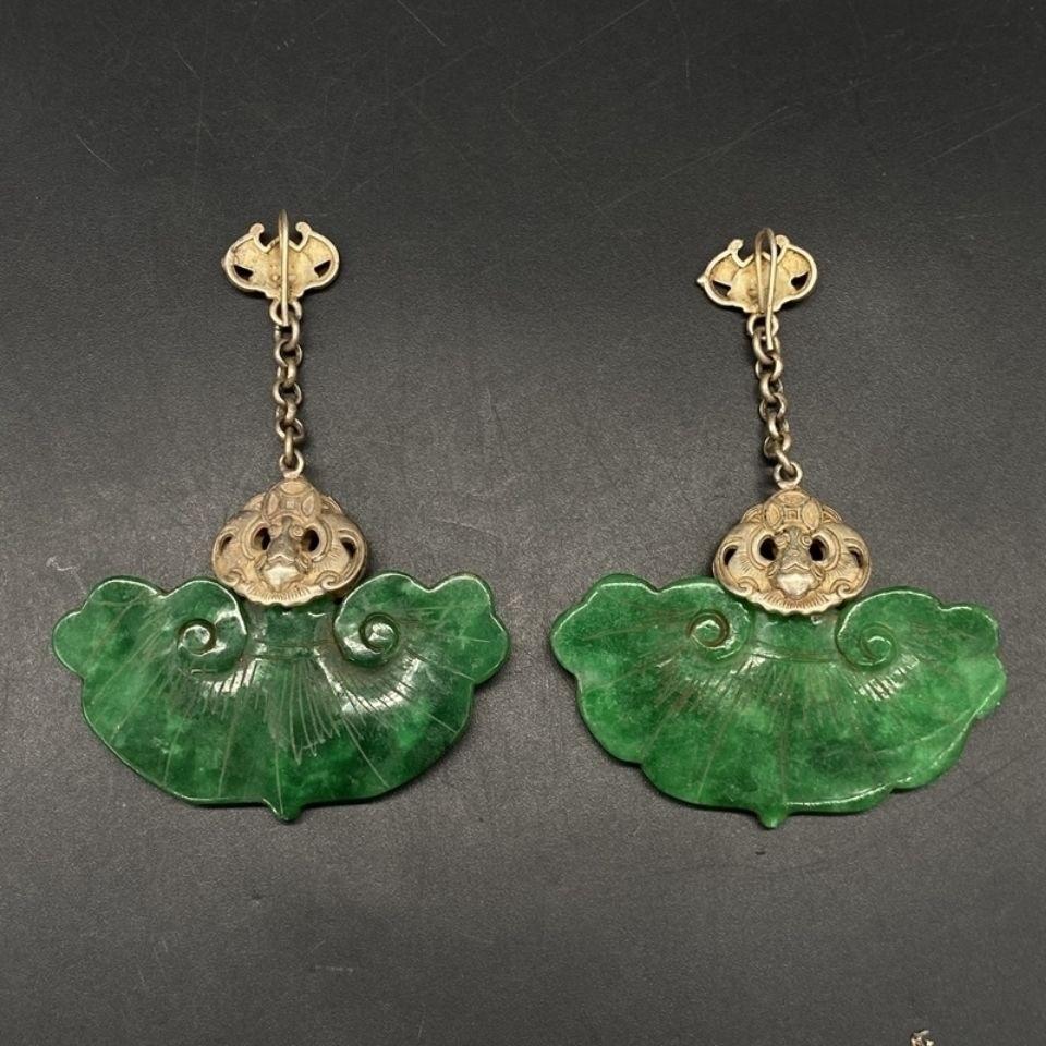 Old Asian Handcrafted Tibetan Miao Silver Earrings Jewelry with Jade Inlay For Sale 2