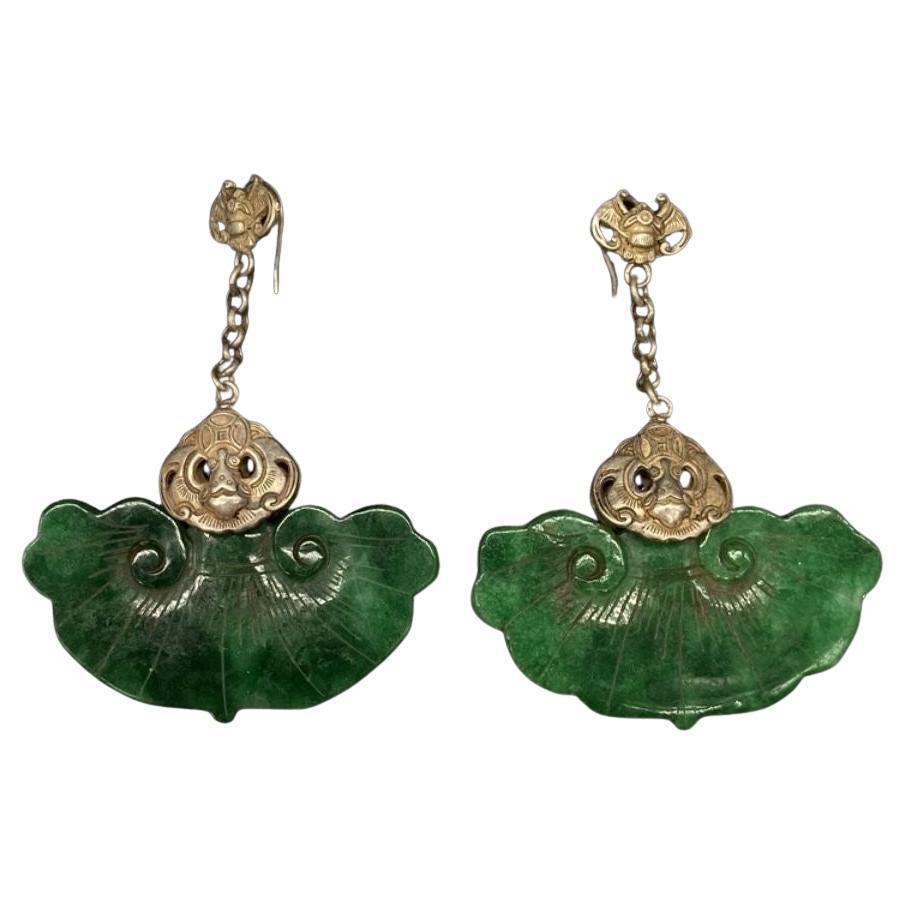 Old Asian Handcrafted Tibetan Miao Silver Earrings Jewelry with Jade Inlay For Sale