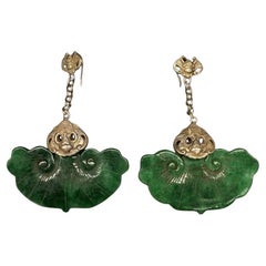 Pendientes Tibetanos Miao Antiguos de Plata Asiáticos Hechos a Mano Joyería con Incrustaciones de Jade