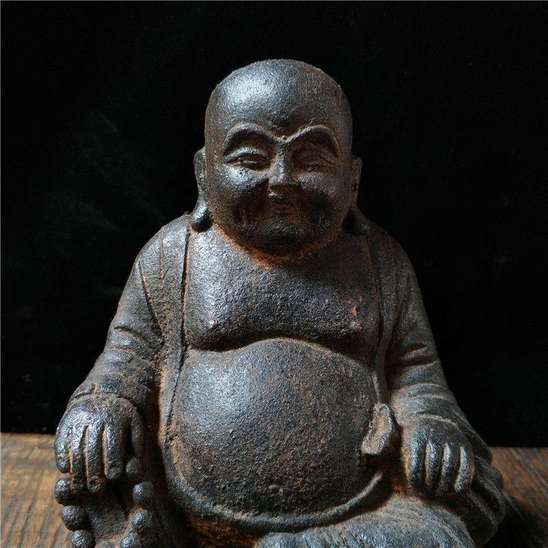 Old Asian Iron Sitting Maitreya Buddha Statue with Smile 1