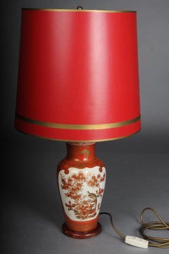 Old Asian porcelain table lamp, red with shade, electrified