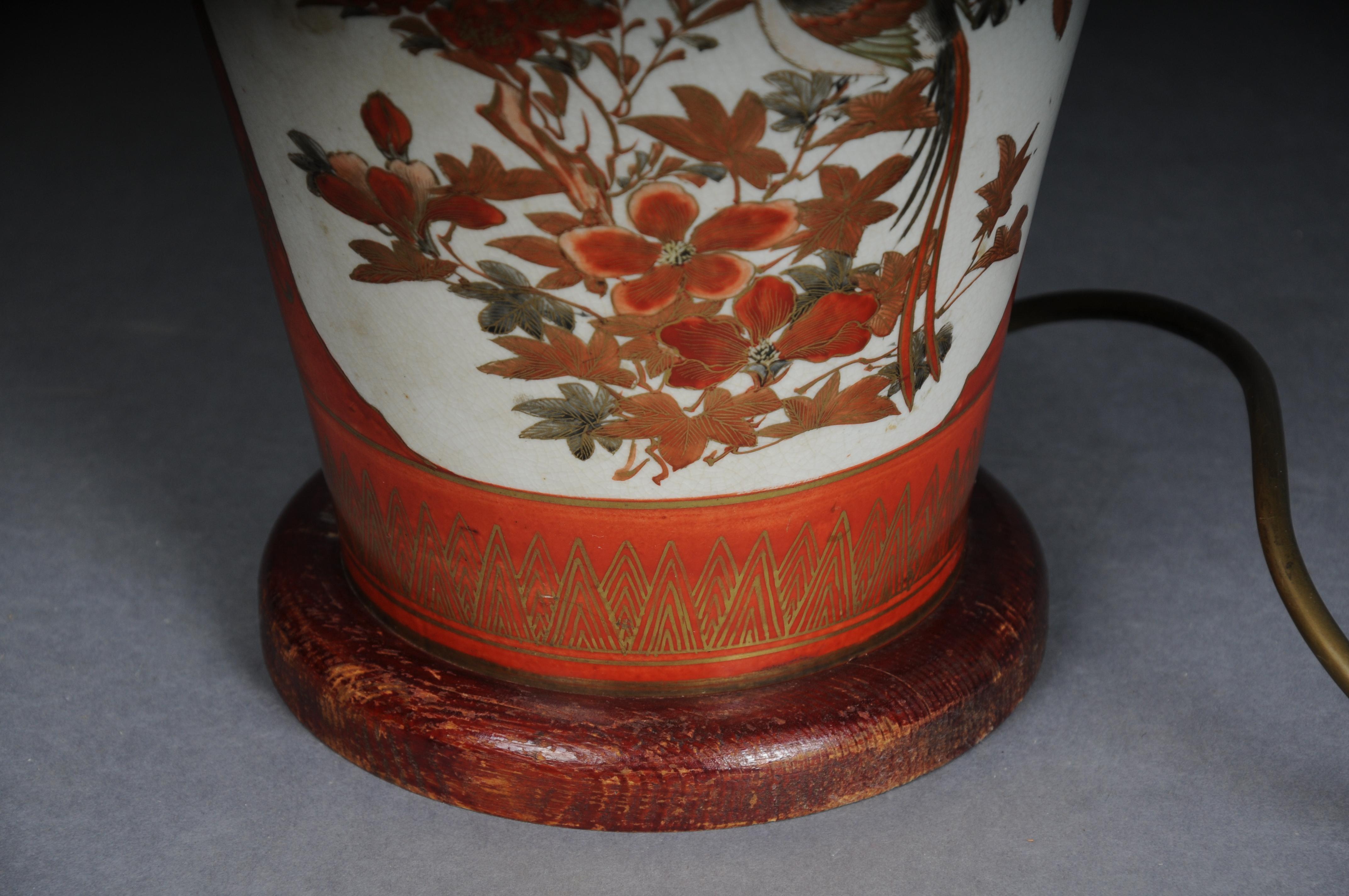 Old Asian porcelain table lamp, red with shade, electrified For Sale 1