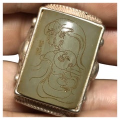 Old Asian Silver Carving Ring Jewelry with Jade Engraving Maitreya Buddha