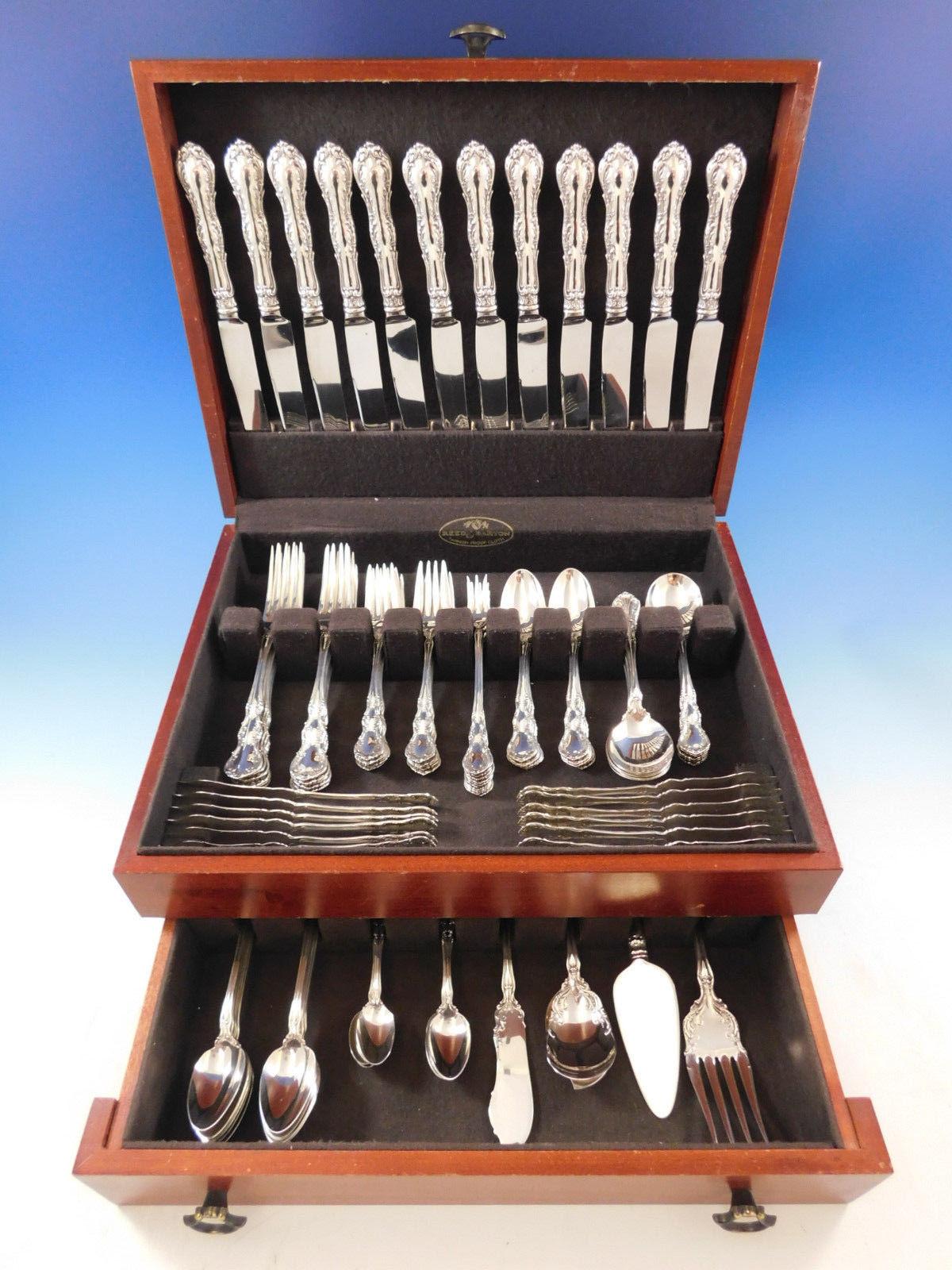 Monumental dinner size old Atlanta by Wallace sterling silver flatware set, 113 pieces. This set includes:

12 dinner size knives, 9 1/2