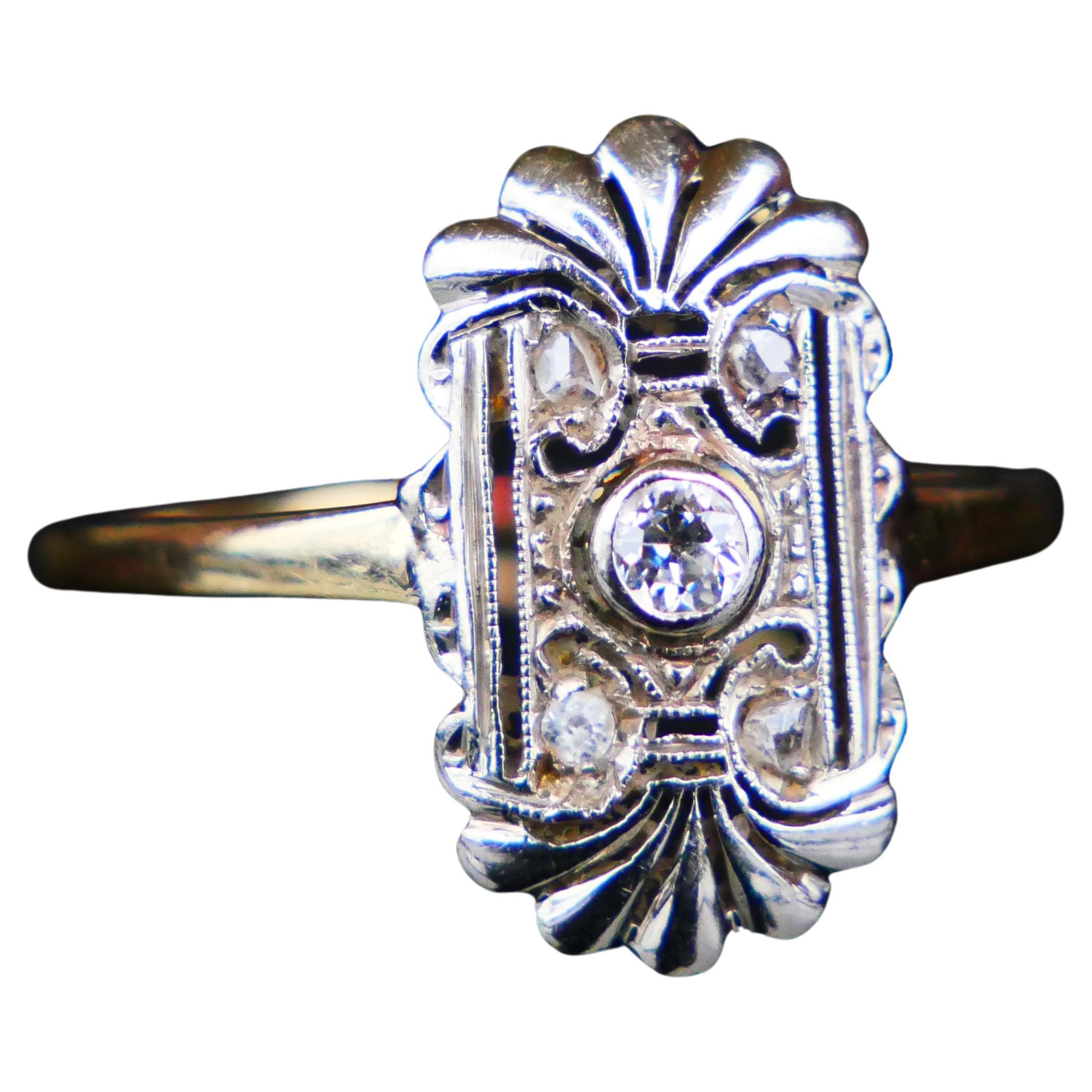 Ring from early 1920's -1930s hand - made in Wiena , Austria. Austrian period hallmarks on the band, metal parts tested solid 14K Yellow and White Gold.

Intricate 14K White Gold openwork crown : 16.5mm x 9.35 mm x 3.15mm deep with bezel set eight