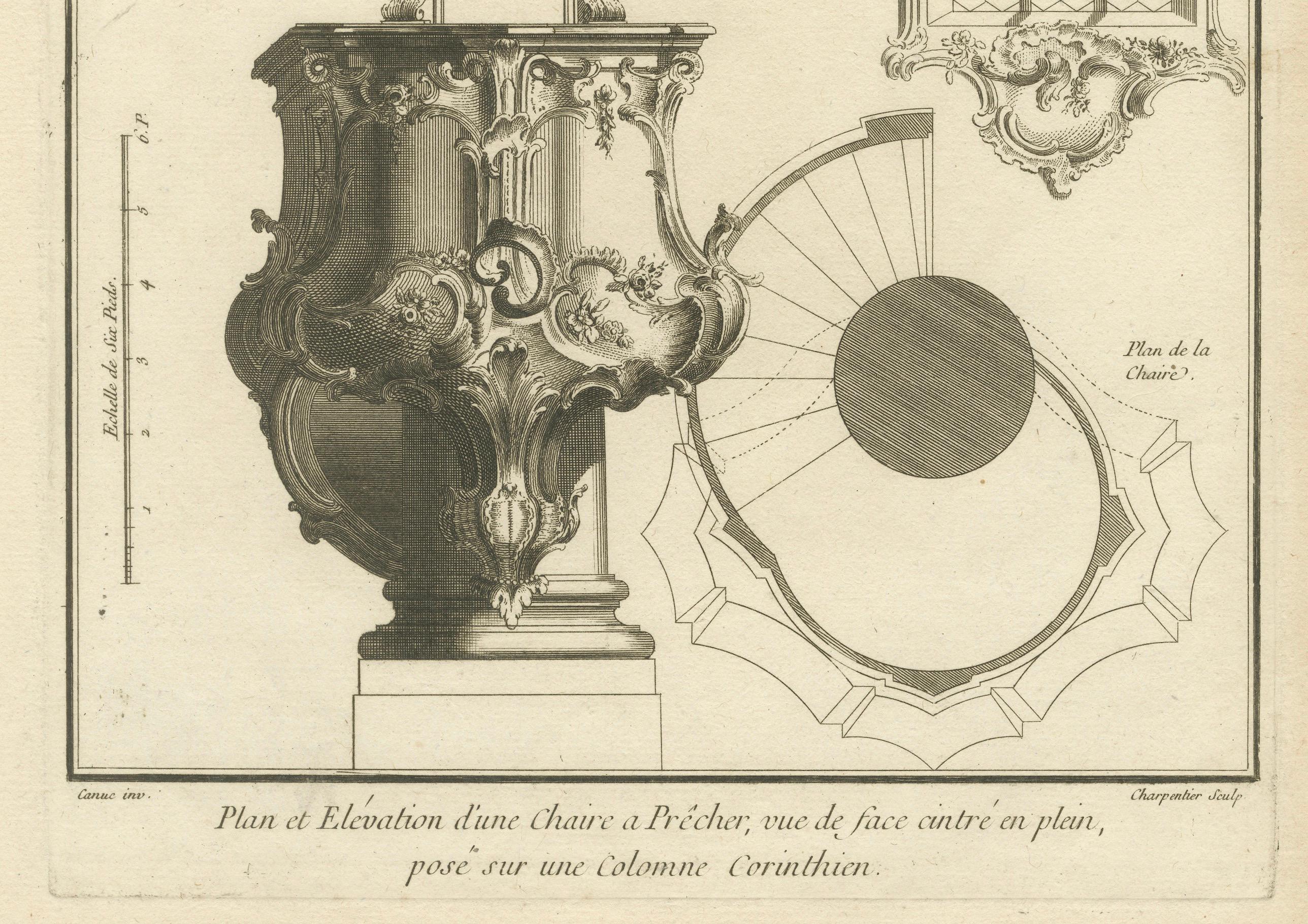 Architectural design with the central elements depicted in the engraving: the Baroque design of the pulpit, the inclusion of a Corinthian column which suggests a classical influence, and the presence of a staircase plan indicating the approach to