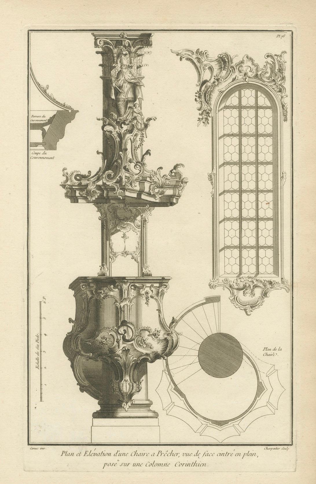 Mid-18th Century Old Baroque Pulpit Design with Corinthian Column and Staircase Plan, ca.1740 For Sale