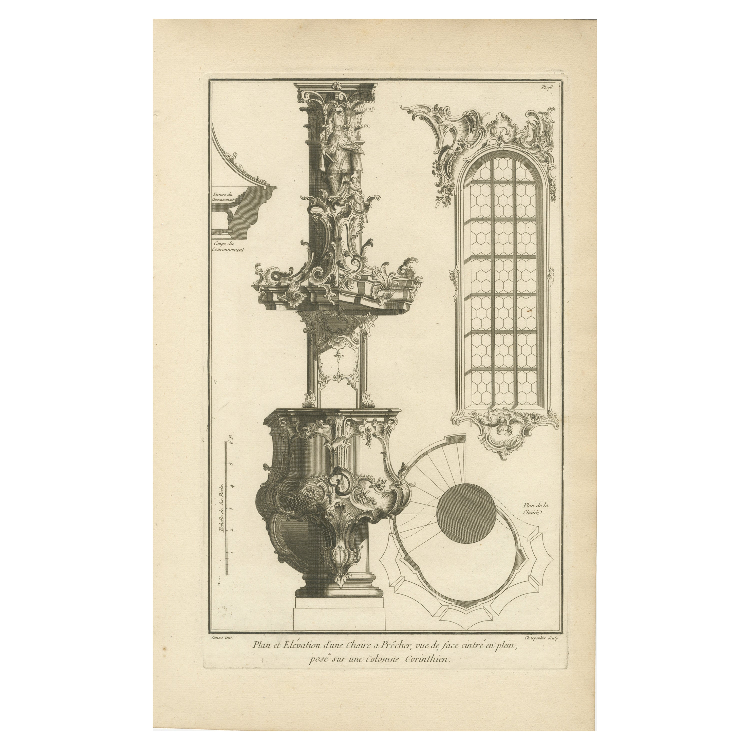 Old Barock Pulpit Design mit korinthischer Säule und Staircase Plan, ca. 1740
