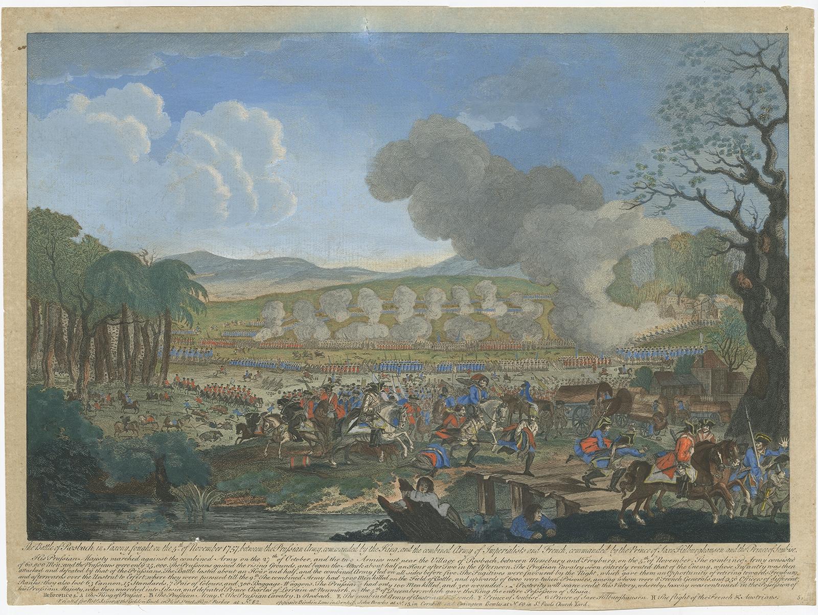 Antique print titled 'The Battle of Rosbach in Saxony, fought on the 5th of November 1757 (..)'. 

Antique print depicting the Battle of Rossbach in Prussian Saxony. Frederick the Great defeated the allied armies of France and the Holy