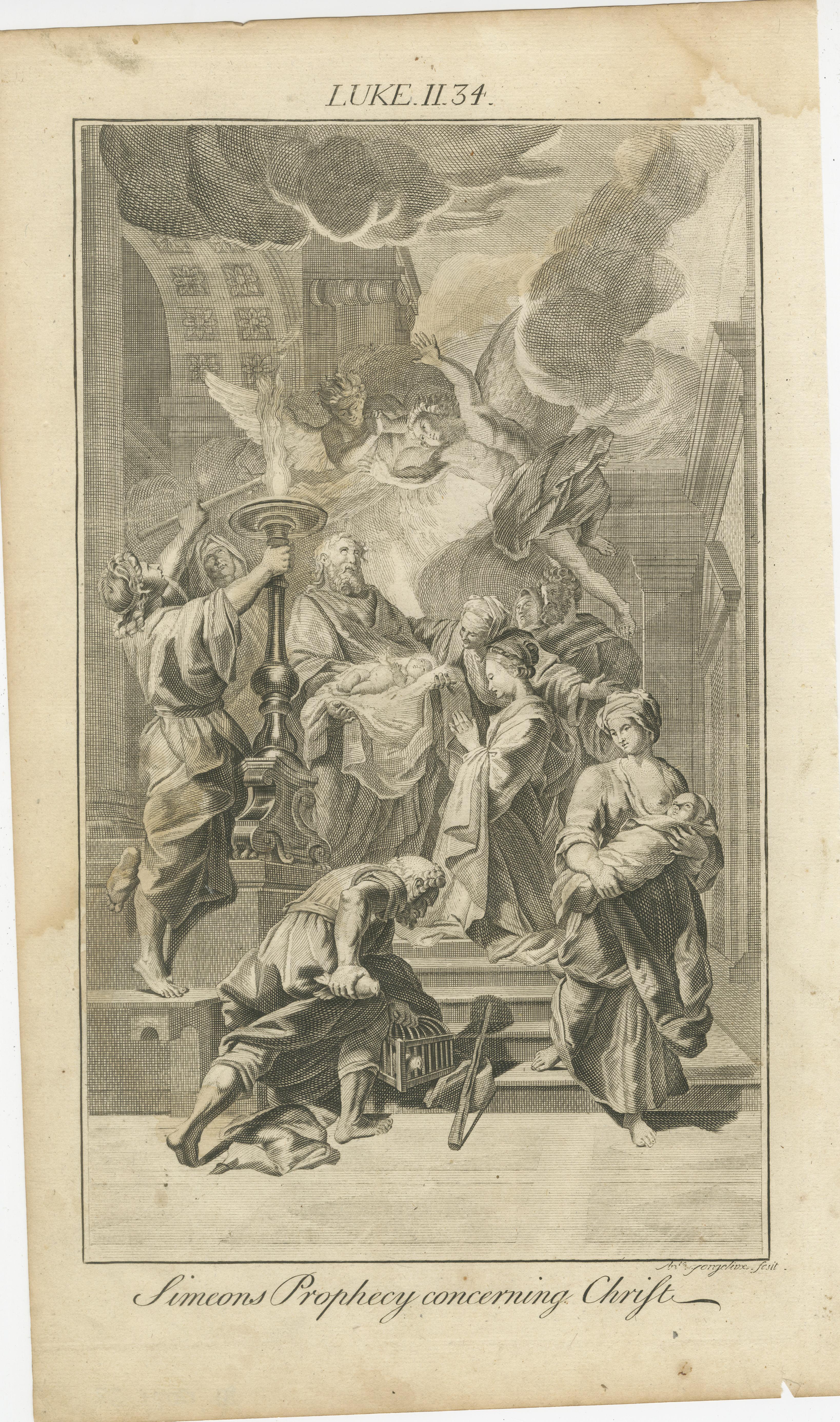Inglese Incisioni bibliche antiche - Luca: Simon, profezia di Simeon e circoncisione, 1735 ca. in vendita