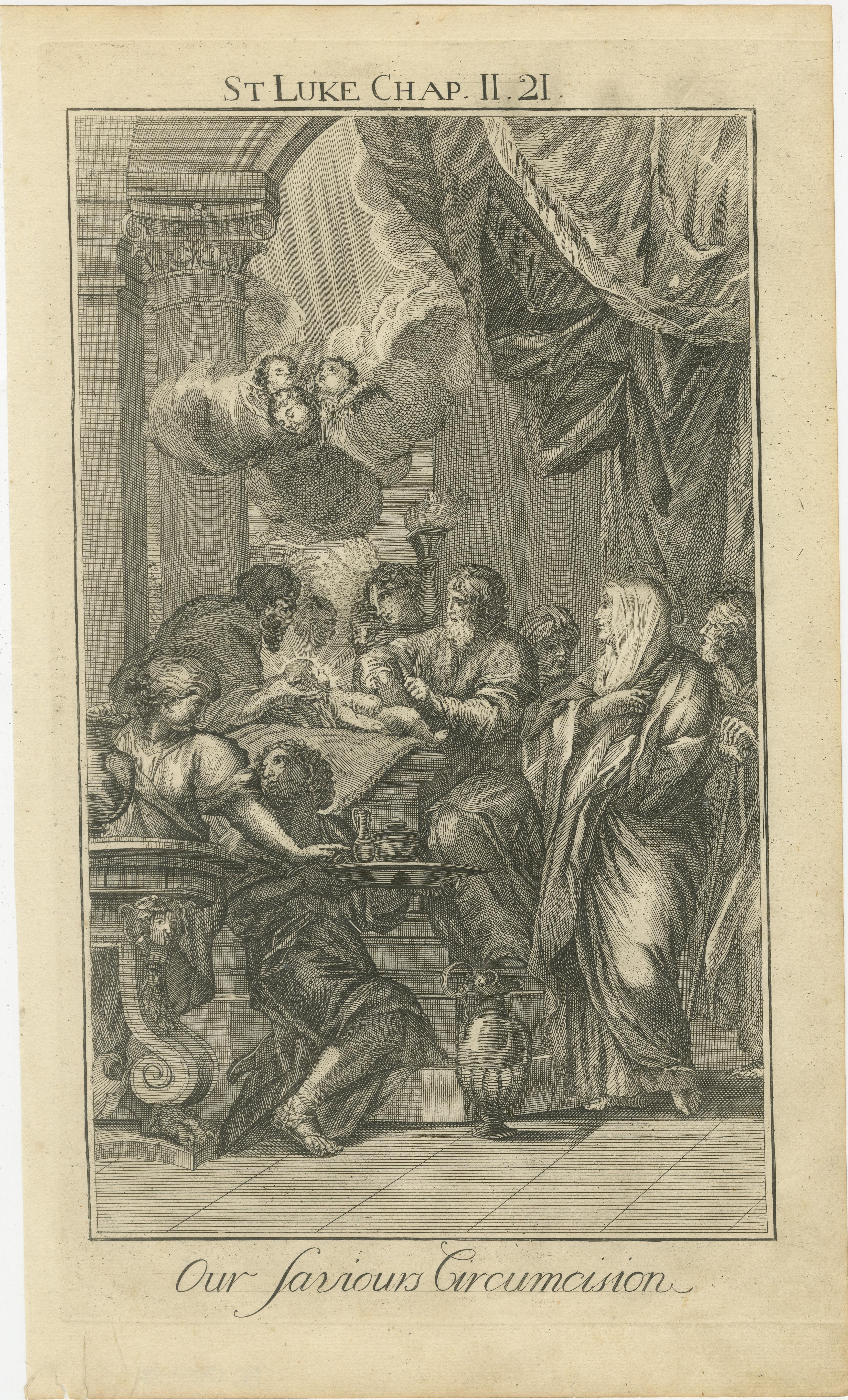 Inciso Incisioni bibliche antiche - Luca: Simon, profezia di Simeon e circoncisione, 1735 ca. in vendita