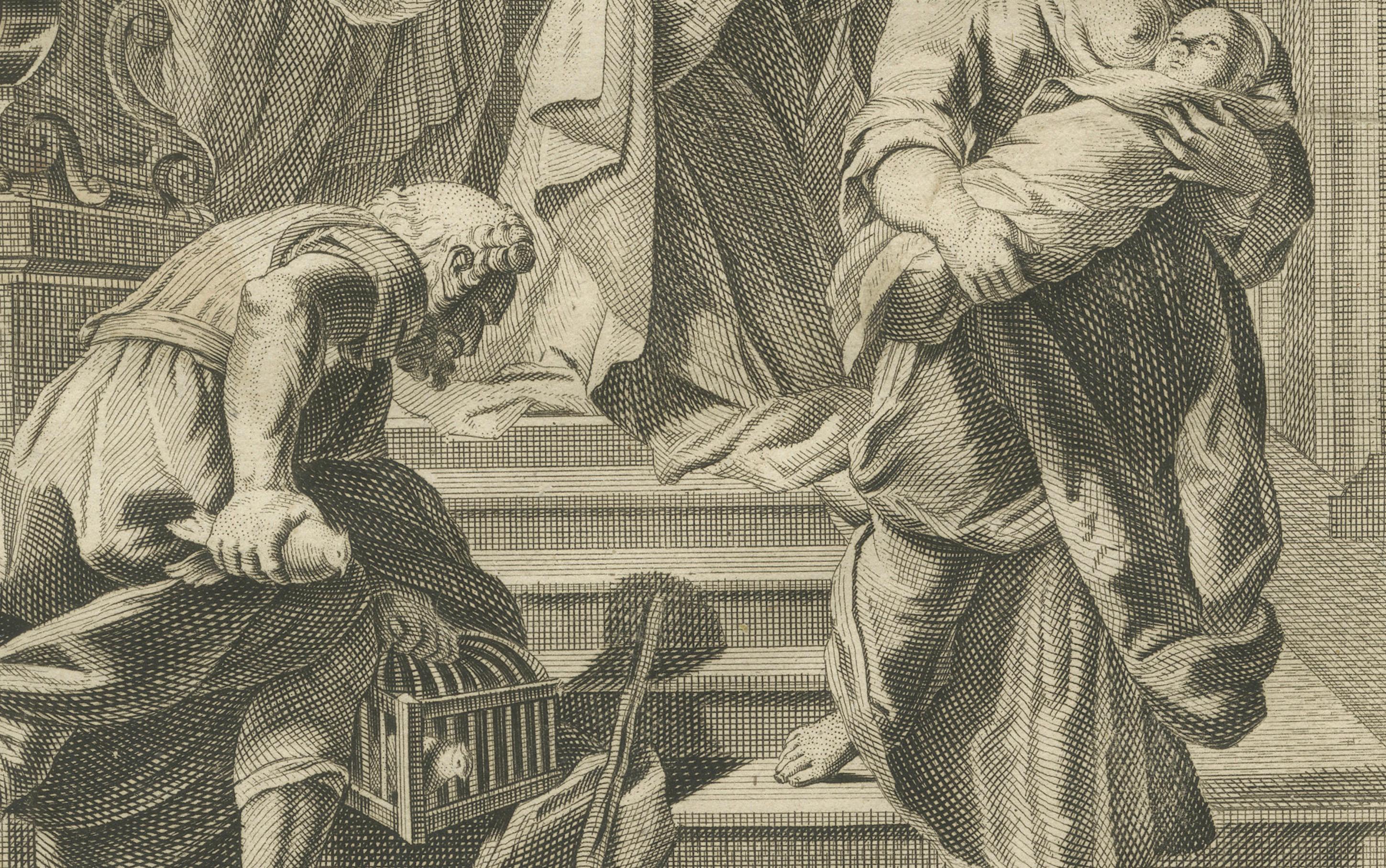 Incisioni bibliche antiche - Luca: Simon, profezia di Simeon e circoncisione, 1735 ca. In condizioni buone in vendita a Langweer, NL