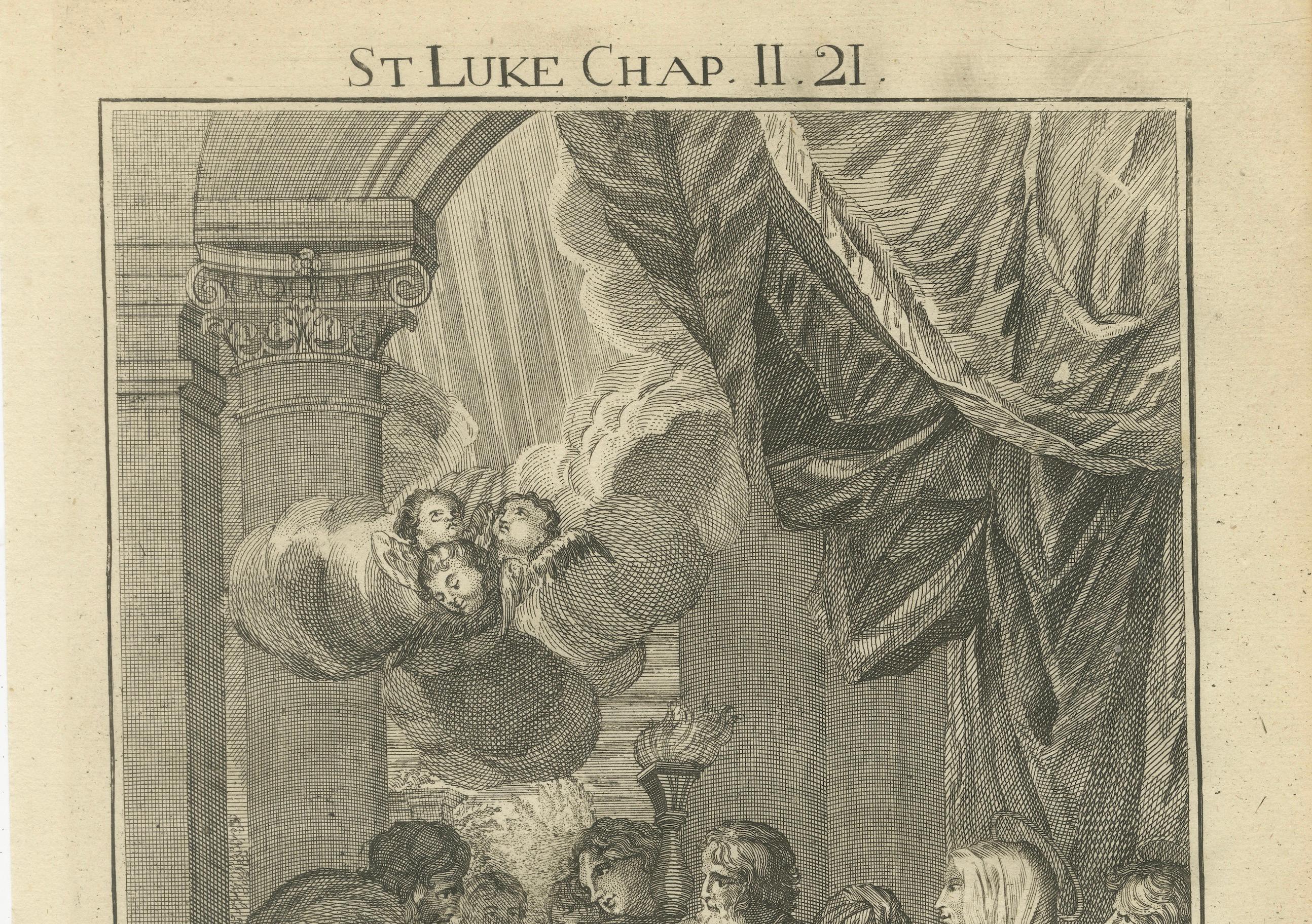 Carta Incisioni bibliche antiche - Luca: Simon, profezia di Simeon e circoncisione, 1735 ca. in vendita